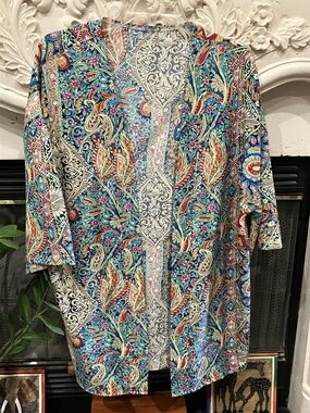 Multicolor Paisley Floral Kimono Top L Boho Open Front Lightweight Layer